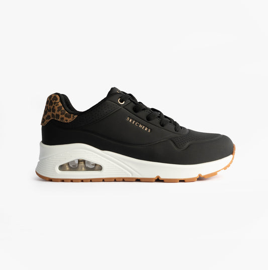 Skechers 177093/BKLD UNO-JUNGLE NITE Womens Trainers Black Durabuck/Leopard Printed