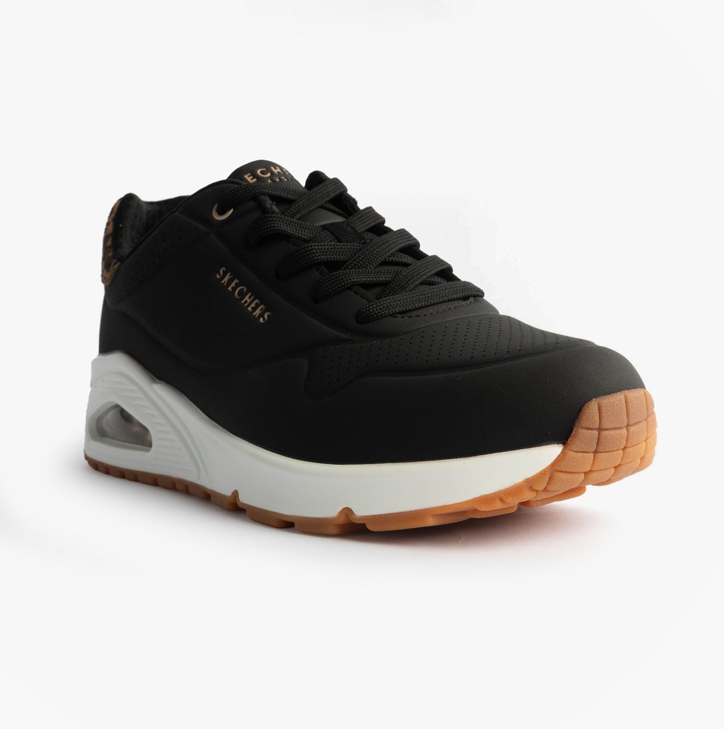 Skechers 177093/BKLD UNO-JUNGLE NITE Womens Trainers Black Durabuck/Leopard Printed