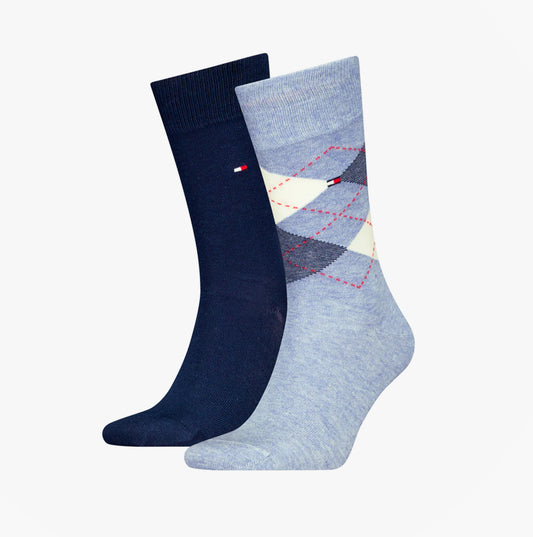 Tommy Hilfiger 2 Pack Mens Crew Checked Socks Blue Combo