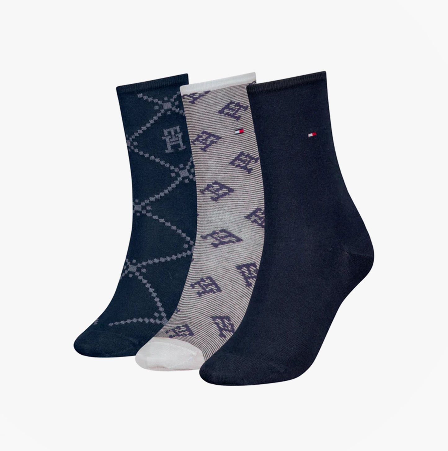 Tommy Hilfiger 3 Pack Giftboxed Monogram Womens Crew Socks Navy
