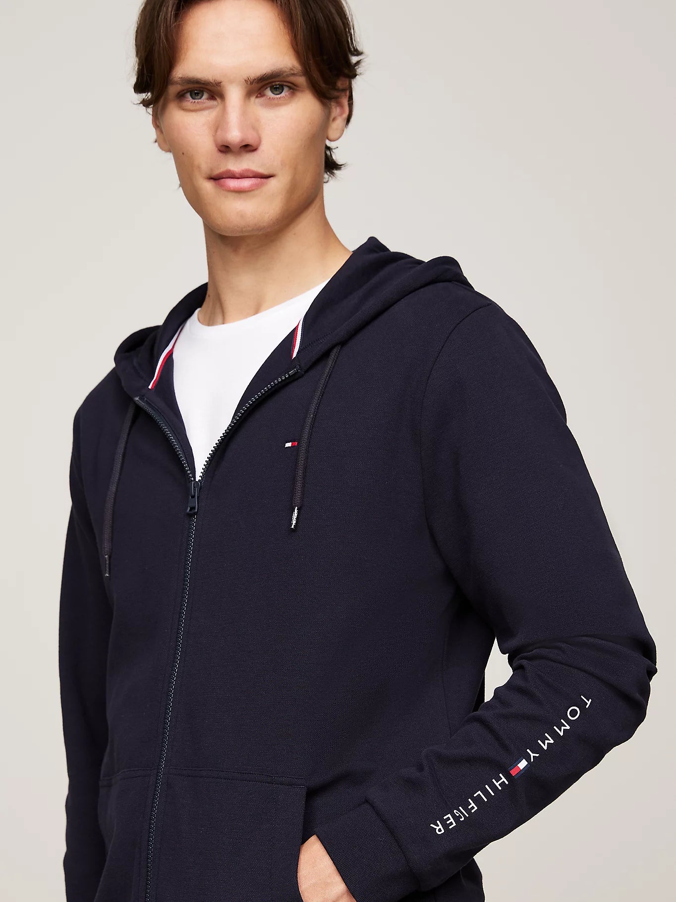 Tommy Hilfiger ORIGINAL LOGO Mens Full Zip Hoodie Desert Sky