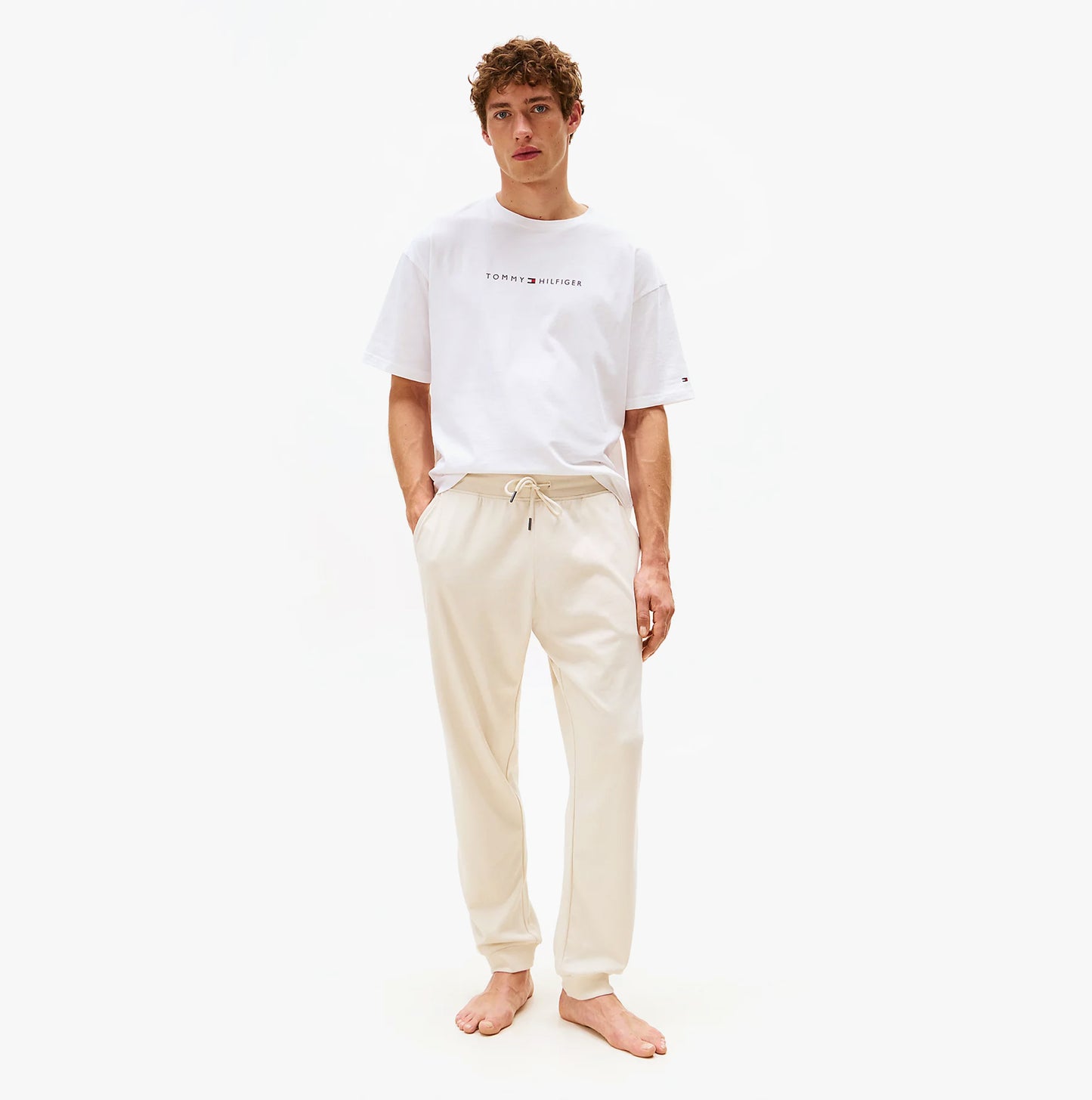 Tommy Hilfiger TH Original Mens Logo Lounge Joggers Off White Newsprint