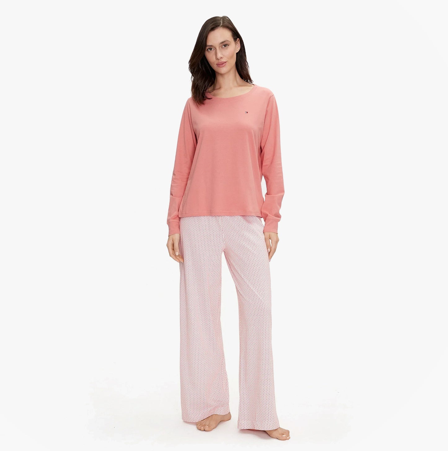 Tommy Hilfiger TH ICON Long Sleeve Jersey Pyjama Set Womens Coral Clay / Mini Geo Pink