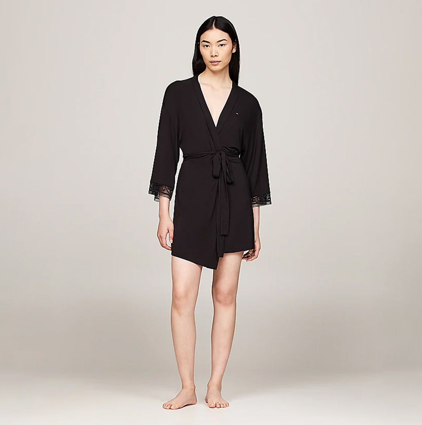 Tommy Hilfiger COMFORT Womens Modal Lace-Trim Kimono Robe Black