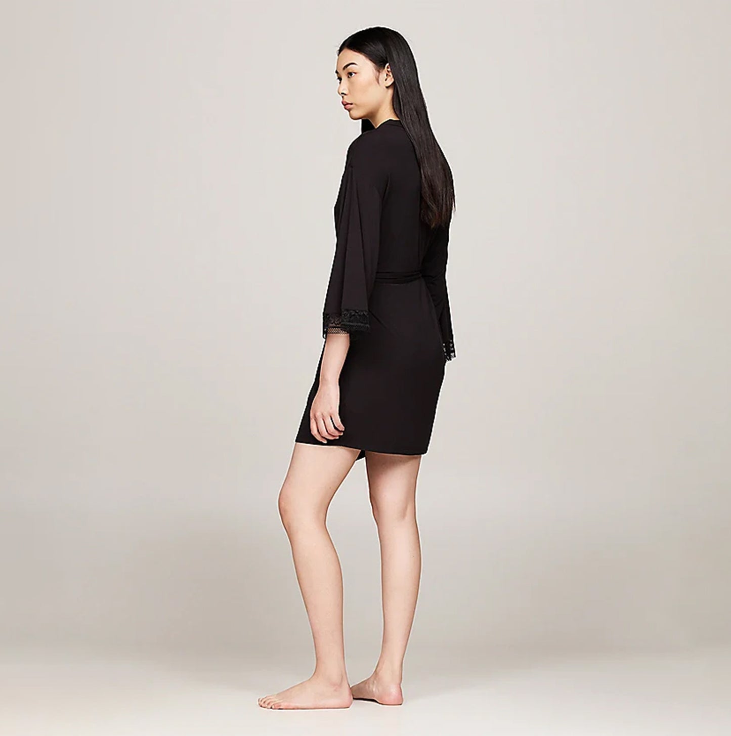 Tommy Hilfiger COMFORT Womens Modal Lace-Trim Kimono Robe Black