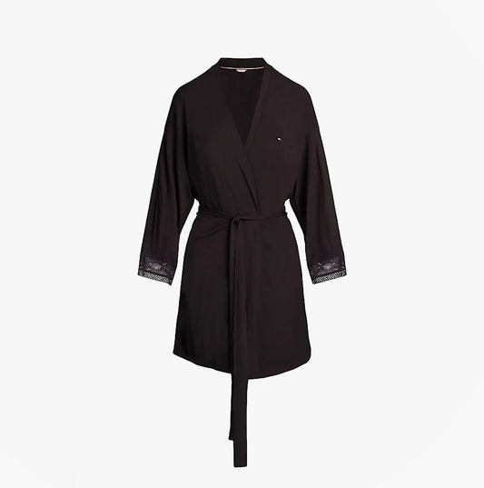 Tommy Hilfiger COMFORT Womens Modal Lace-Trim Kimono Robe Black