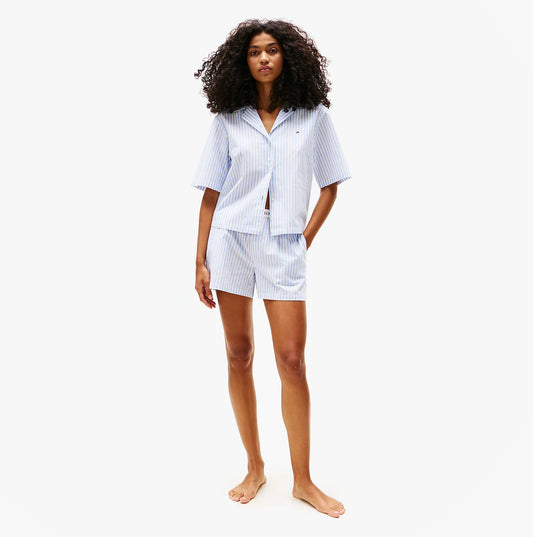 Tommy Hilfiger LINEN Relaxed Pyjama Set Womens Multi Stripes Blue Spell
