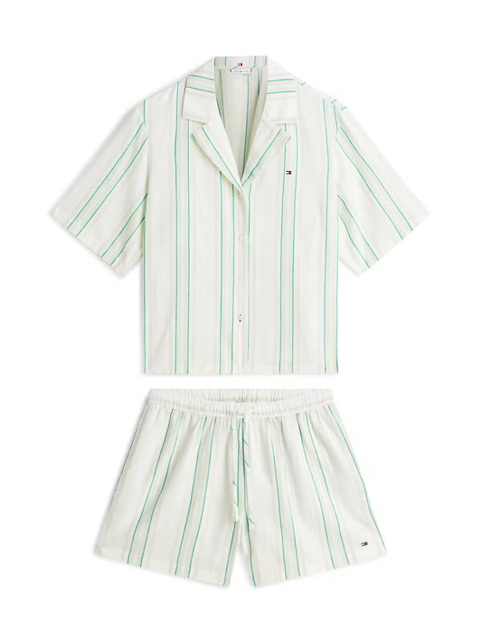 Tommy Hilfiger SS SHIRT LINEN PJ Short Set Womens Pyjama Set Tennis Court Stripe Green