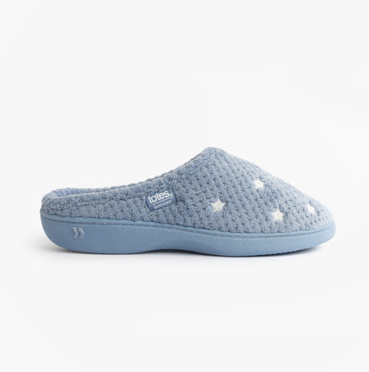Totes Isotoner POPCORN TERRY Womens Mule Slippers Iris Blue Star
