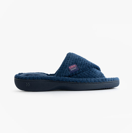 Totes Isotoner POPCORN TURNOVER OPEN TOE Womens Mule Slippers Navy