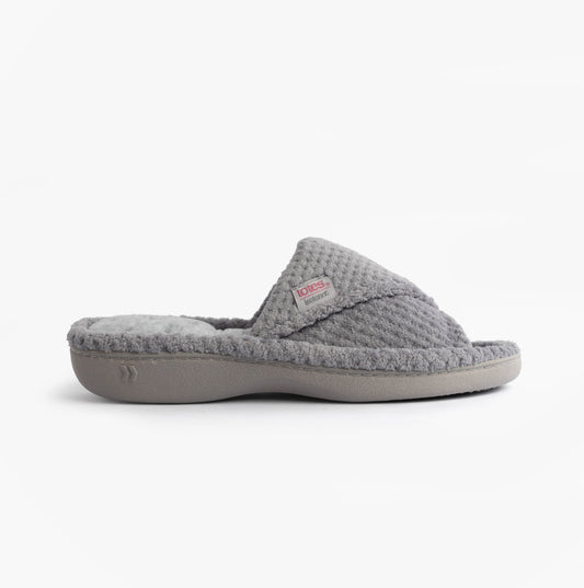 Totes Isotoner POPCORN TURNOVER OPEN TOE Womens Mule Slippers Pale Grey