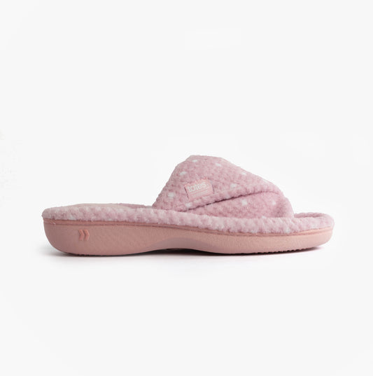 Totes Isotoner POPCORN TURNOVER OPEN TOE Womens Mule Slippers Pink Spot