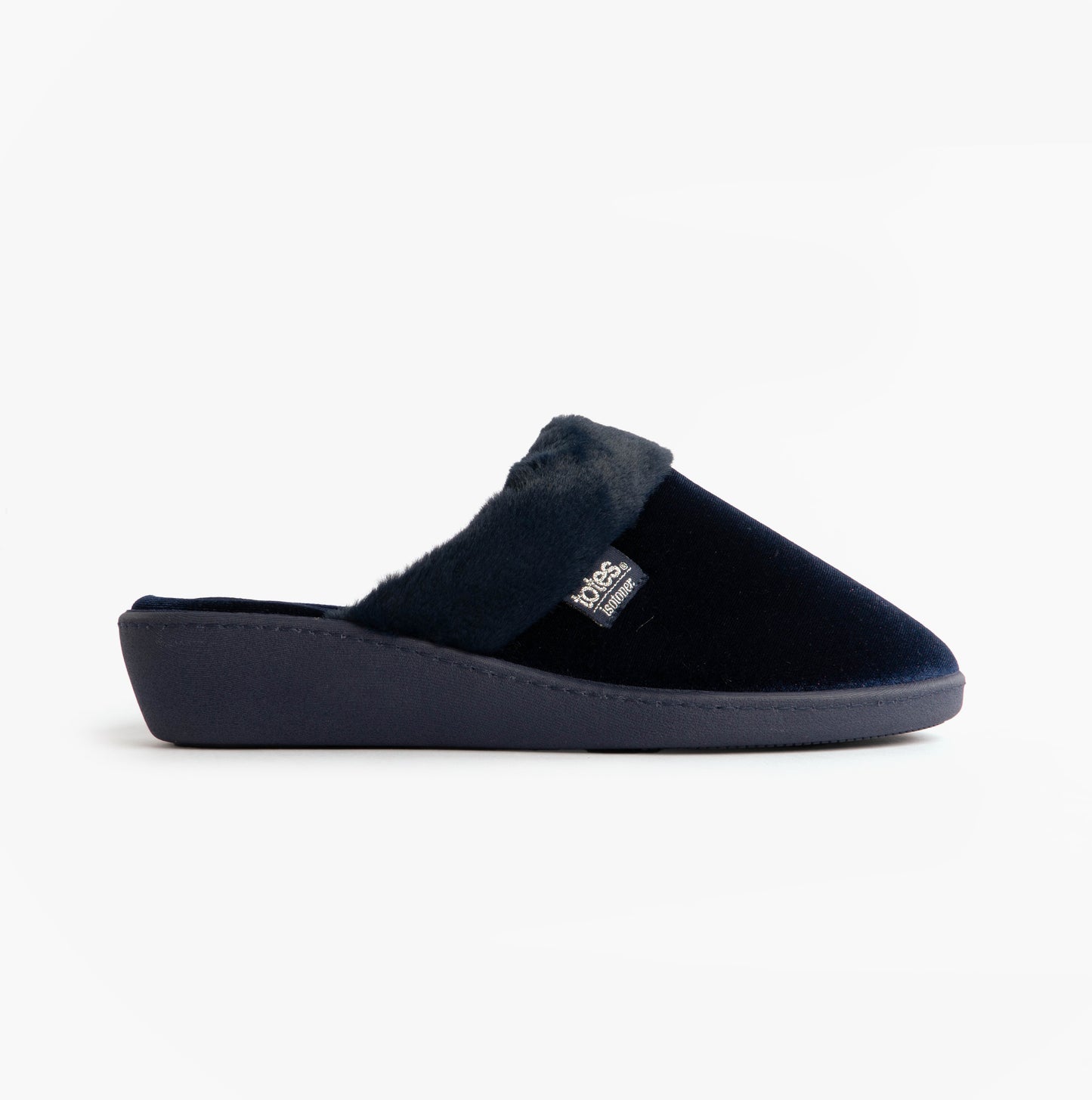 Totes Isotoner SPARKLE VELOUR HEELED MULE Womens Mule Slippers Navy