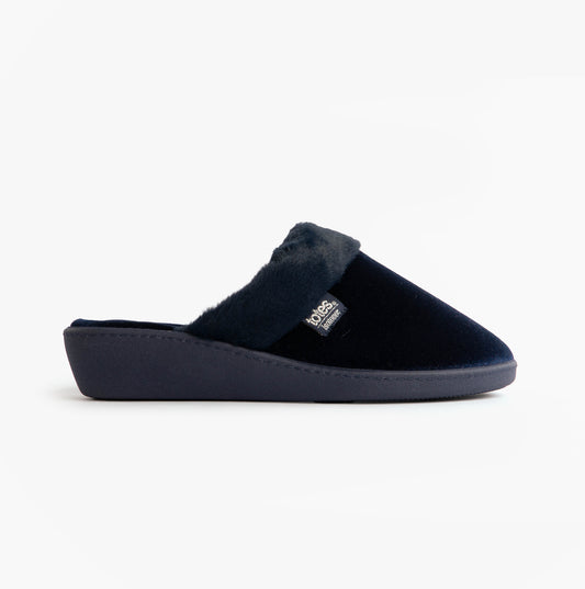 Totes Isotoner SPARKLE VELOUR HEELED MULE Womens Mule Slippers Navy