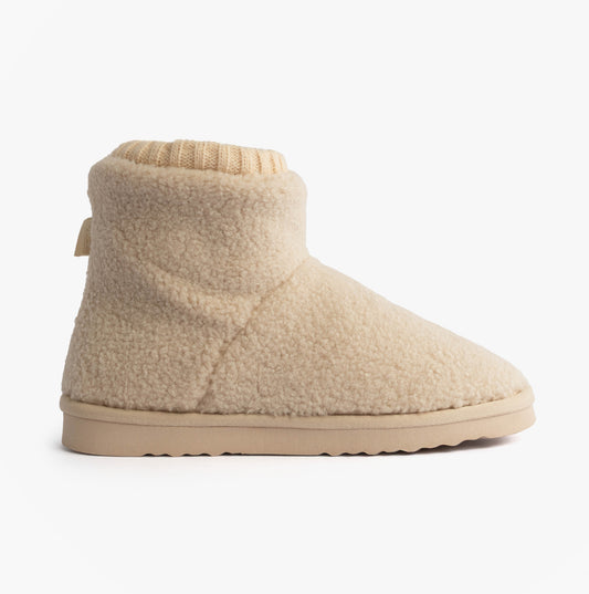 Totes Isotoner BORG BOOT WITH CUFF DETAIL Womens Boot Slippers Cream