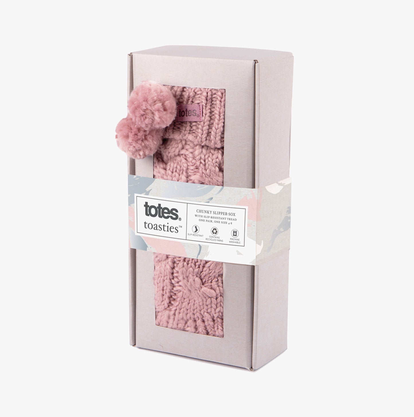 Totes Toasties LUXURY CHUNKY KNIT Pom Slipper-Sox Womens Dusky Pink